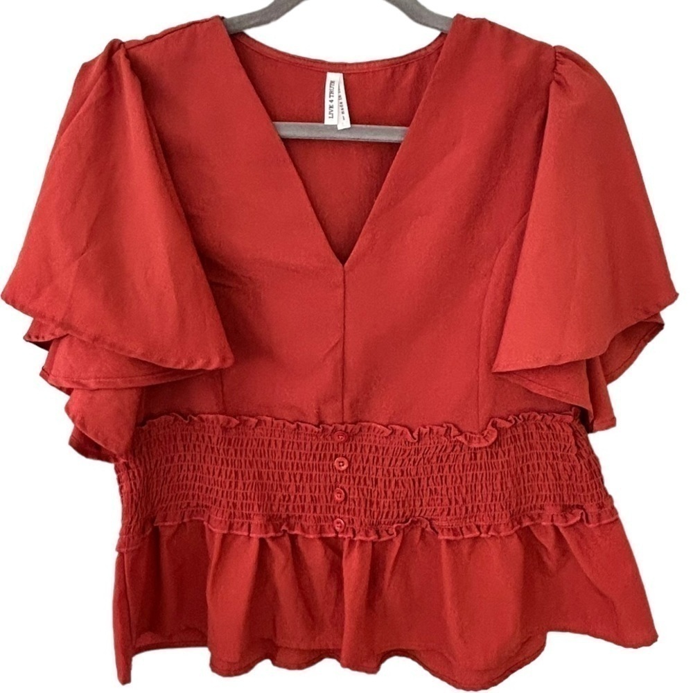 Live 4 Truth Women’s Blouse Large Rust Smocked Stretchy Waist V Neck Ruffle‎ Top